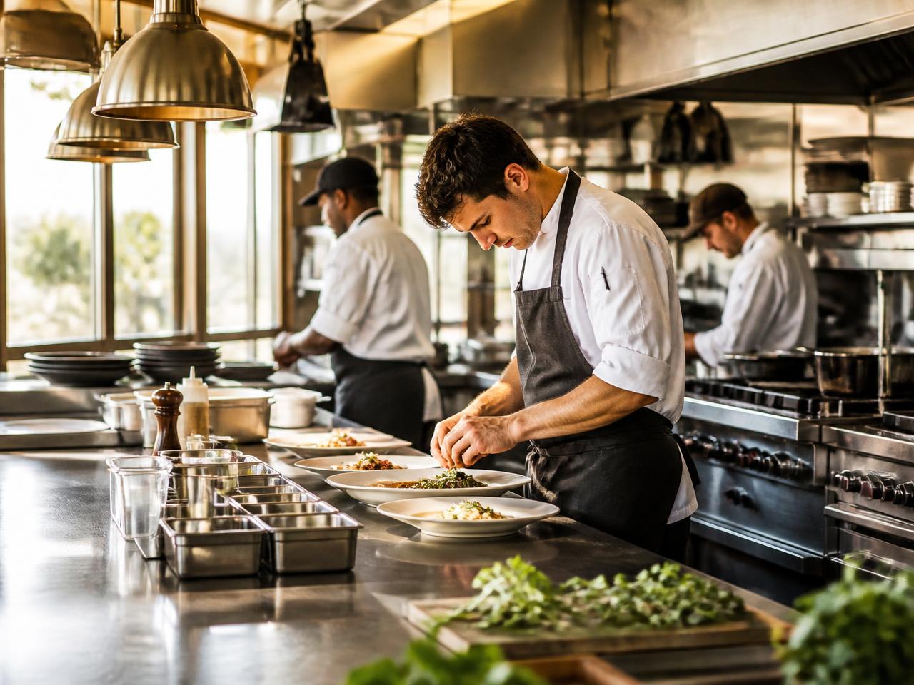 Professional chefs working in a bright commercial kitchen