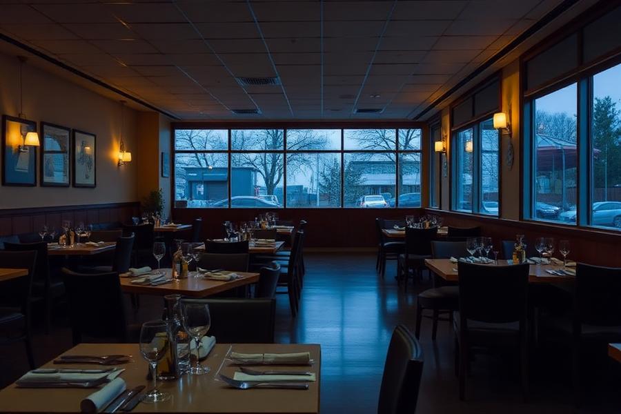 An empty restaurant dining room in the evening
