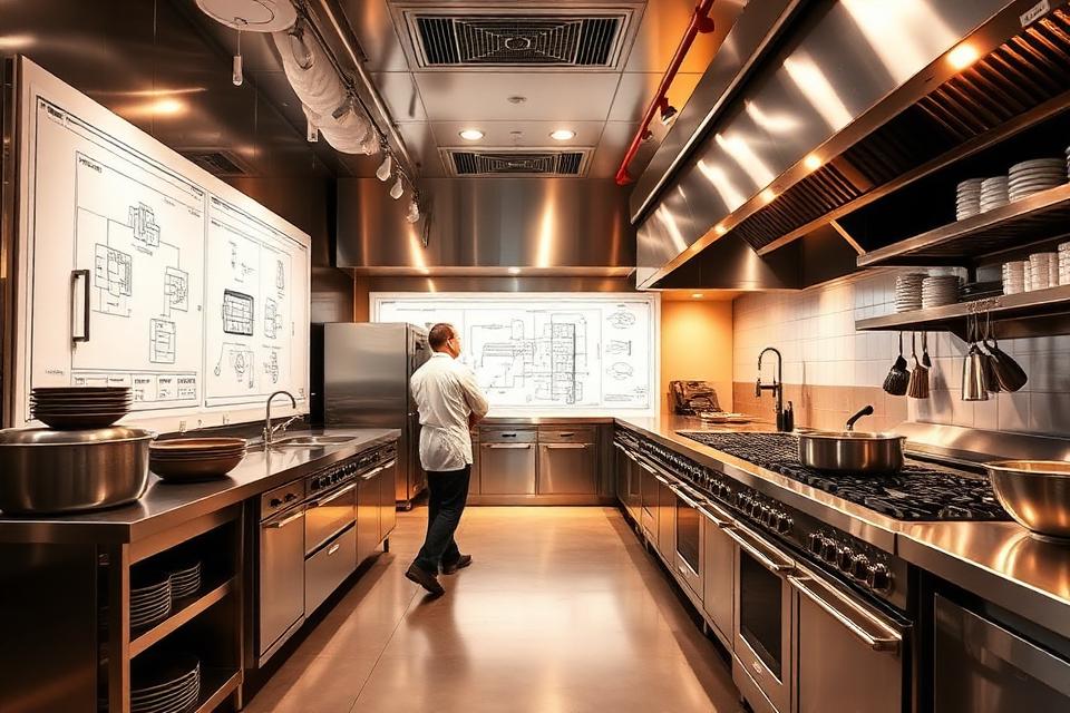 A chef reviewing blueprints in a commercial kitchen